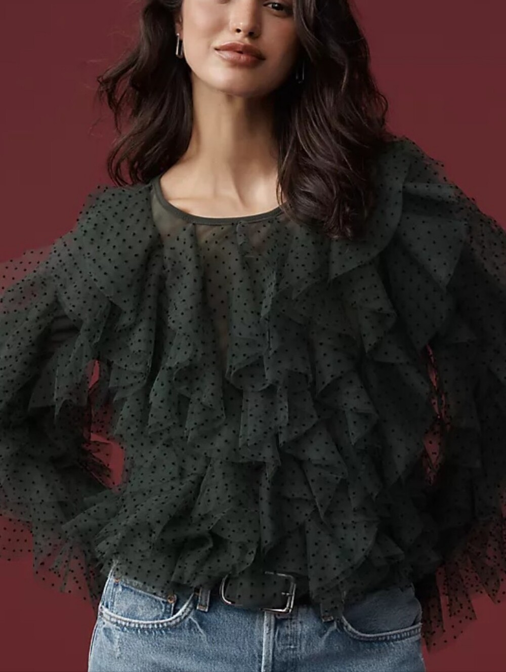 NWT DOLAN Left Coast Mesh Ruffle Polka Dot Top